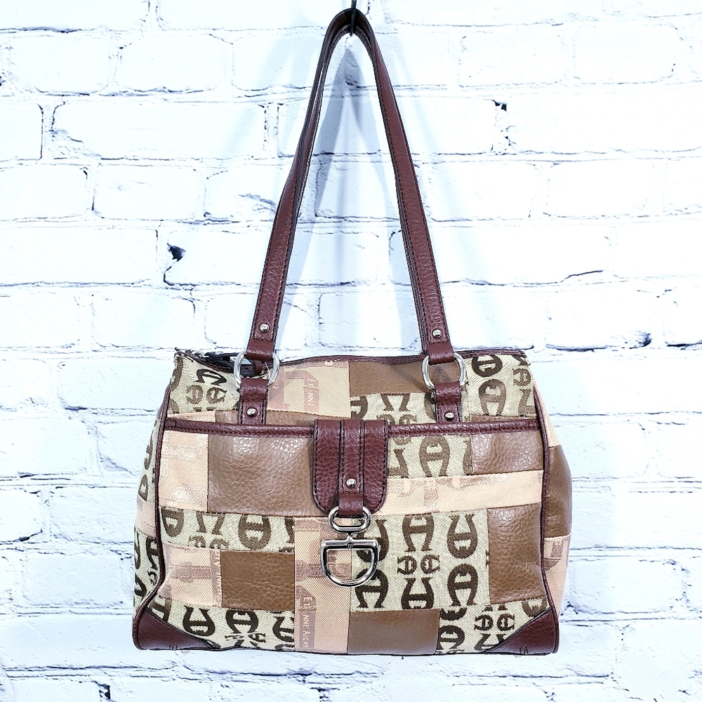 Etienne Aigner Patch Work Satchel Purse Brown Tan